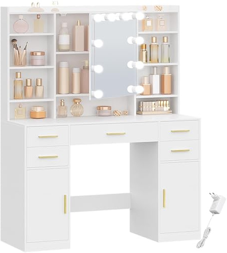 HEXCELEN 108 cm Coiffeuse avec Miroir et Lumières LED, Blanc