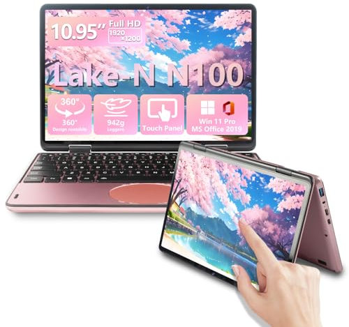MOREPC Notebook 2 in 1 touchscreen da 10,95 pollici, con design a 360° Portatile leggero con processore N100 / Schermo IPS 1920x1200 16GB RAM DDR4 / Tastiera retroilluminata (Oro rosa, 16+256GB)