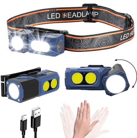 Lampada Frontale Led Ricaricabile con Sensore di Movimento, Torcia Frontale con Luce Rossa, Angolo Regolabile 45°, 7 Modalità, Illuminazione Cob, Base Magnetica, con un Accessorio per Bicicletta