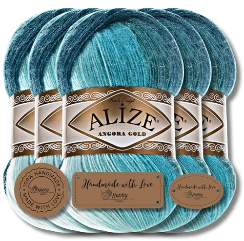 Hobby YARN 3x Etikettenlabel mit Alize Angora Gold Batik Wolle Premium 5x100g als Set, Yarn, Garn, Schurwolle, Farbverlauf, Strickgarn zum Häkeln, Stricken, Kleidung (1892)