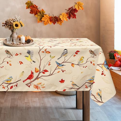 Arquiel Ahornblätter Vögel Polyester Tischdecke 152 x 213 cm | Waschbare Polyester-Tischdecke mit dekorativem Muster-Motiv, wasserabweisend und pflegeleicht für Küche, Esszimmer, Feste und