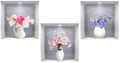 SanKristo 3 pièces 30 * 30 cm Motif vase à fleurs autocollant mural Vases à fleurs 3D Plante en pot Décoration murale autocollante Feuilles vertes Tableau mural moderne Salon Bureau Hôtel Cuisine