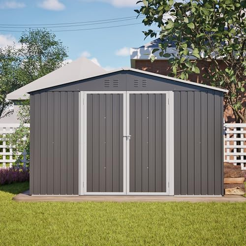 Yihomfy Großer Metall-Geräteschuppen 300x252x191cm mit Bodenplatte - Robuster Garten-Schuppen 6,91m² Stauraum für Geräte, Fahrräder, Mülltonnen - Wetterfester Outdoor-Lagerschrank Grau