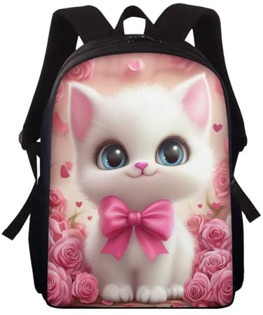 Wnbucioht Pink Rose Cat Backpack for School Kids Girls School Bag Personalized School Backpack Little Kids Girls Bookbag 15 Inch Animal Cat Schoolbags for Preschool Kindergarten