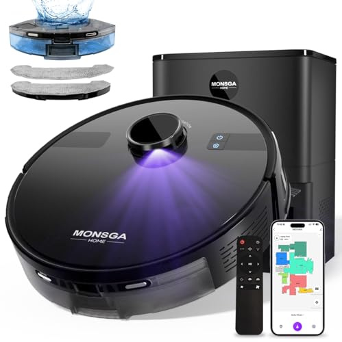 MONSGA Robot Vacuum and Mop Combo, 6000Pa Robotic Vacuum with 3.5L Self Emptying Station, Lidar Navigation Robot Vacuum Cleaner, 180mins Runtime, APP/Remote/Voice Control, for Hard Floors and Carpets