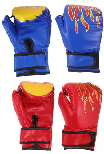 Mikikit 2 Pairs Boxing Gloves Set Breathable Pu Leather Sparring Gloves Karate Taekwondo Martial Arts Training Flame Red Boys Sports