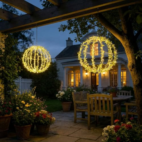 ideoon 2er-Set Solar Leuchtkugel im Blätterdesign - Ø40cm Gartenkugel mit 144 Warmweissen LEDs - IP44 Außenleuchte inkl. Erdspieß, S-Haken und Solarpanel