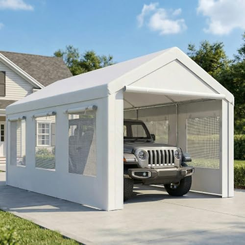 Outsunny Carpa Garaje Portátil 3x6 m para Coche Impermeable Blanco | 2 Puertas Enrollables, 6 Ventanas Malla, Altura Ajustable, Marco Acero Galvanizado, UPF30+, Cobertizo de Almacenaje