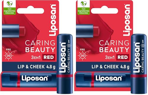 Liposan Caring Beauty Lip and Cheek Red, bálsamo de labios y colorete en barra de tono rojo, protector labial en stick 3 en 1 para un look sencillo, 1 x 4,8 g (Paquete de 2)