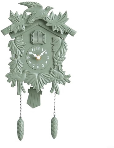 Momfin gökklocka med timklockspel, tyst rörelse väggklocka för barn inlärningstid, retro konstdekor för vardagsrum hall, ABS-material (T52 grön)