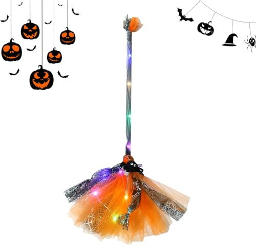 MQLAE Halloween Witch Broom with LED Lights, 65cm Light Up Witches Broomstick, Lightweight Cosplay Costume Accessory for Kids & Adults, Halloween Party Decorations, Wizard Dress Up Prop (Orange)