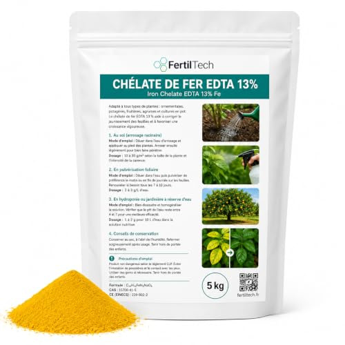 FertilTech Chélate de Fer EDTA 13% 5 kg Anti-Chlorose pour Plantes et Gazon | Engrais Foliaire Soluble Corrige les Carences en Fer | Jardin, Feuilles Jaunes, Potager, Arbustes, Hydroponie
