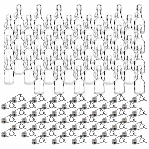 gouveo 66er Set Glasflaschen 40 ml mit Henkel und Bügelverschluss - Mini Bügelflasche zum Befüllen - Kleine Henkel-Flasche für Likör, Schnaps, Öl (BF040H)