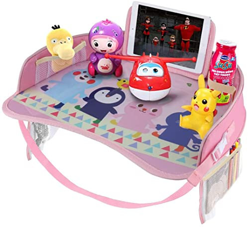 Erlsig Kids Travel Tray Car Seat Activity and Play Tray Organizer for Children and Toddlers Lap Desk with Tablet Phone Holder Waterproof and Foldable - Pink
