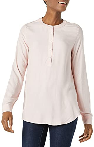 Amazon Essentials långärmad vävd blus, rosa vit vertikal rand, medium