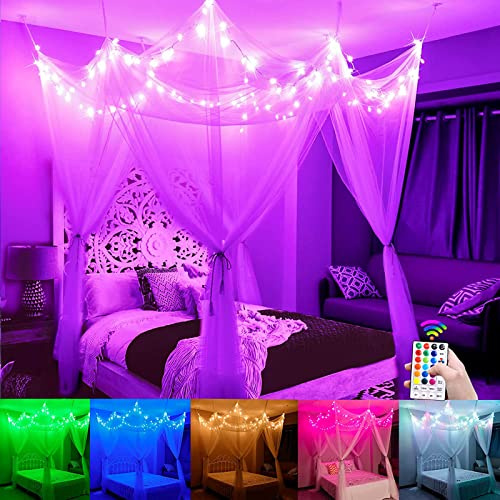 FunNite White Bed Canopy for Girls with 24 Colors Star Lights, 8 Corners Hanging Princess Canopy Bed Curtains with Remote Timer for Full Queen King Bed Kids Twin Bedrooom Dector