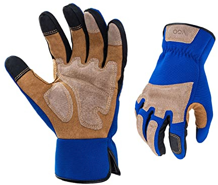 Vgo... Guante de Trabajo de Jardinería Hombre Resistentes, Touchscreen Guantes Protección Transpirable para Obra Jardin Montaje Mecánicos