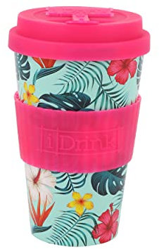 IDRINK®- Tazza in RPET per caffé con tappo in silicone apribile, facile da portare 435 ml, Mug takeaway plastica riciclata 8.7 x 8.7 x 15 cm ergonomica 435 ml (TROPICAL)