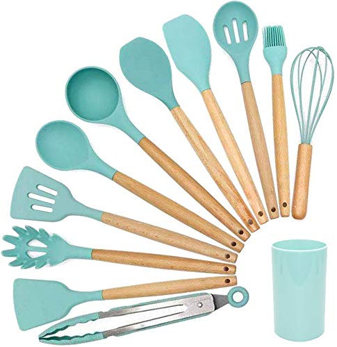 Cloober - Utensilios de Cocina 12 Piezas Color Verde | Juego de Utensilios Antiadherentes Resistentes al Calor Mango Ergonómico de Madera - Libres de BPA (Verde)
