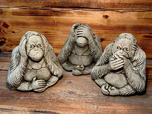 STONE GARDEN SET OF 3 LARGE HEAR, SEE, SPEAK ORANGUTAN MONKEY CONCRETE ORNAMENT