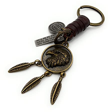 H-Customs aquila piume falco indiani ciondolo portachiavi in ​​pelle bronzo bronzo