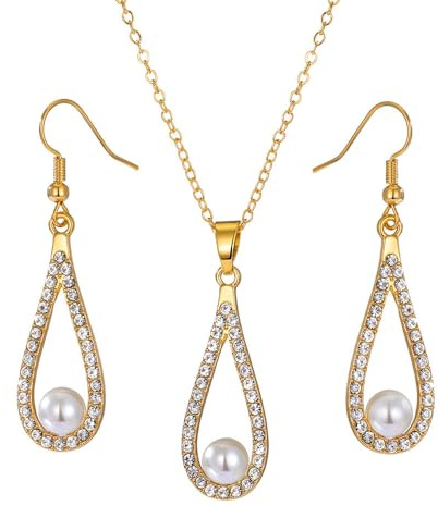 FDEETY Blumen Perlen Schmuckset Halskette Ohrringe Elegante Damen Schmuck Kristall Anhänger Hochwertige Kette Luxuriöse Accessoires