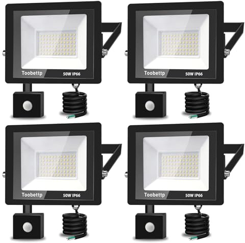 Strålkastare Med Rörelsedetektor 50 W Kallvit, 5 000 LM LED-Spotlight 6 500K, Utomhusbelysning IP66 Vattentät för Trädgård, Garage, Uteplats, Fabriker, 4 Pezzi