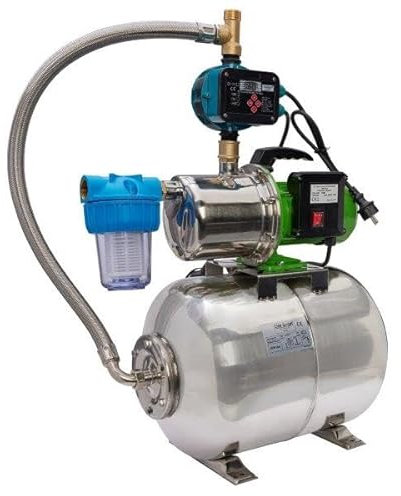 Hauswasserwerk Edelstahl 50 Liter von CHM GmbH mit leistungsstarker 1300 W JET-Wasserpumpe | bis zu 5,5 Bar 5400 L/h | Das Hauswasserwerk verfügt über einen Trockenlaufschutz & Rückschlagventil