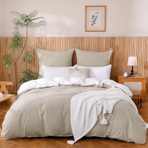 ATsense Bettwäsche 155x220 Baumwolle 2teilig, Beige Grau Bettwäsche-Sets 100% Gewaschene Baumwolle mit Leinen Textur, Oeko-TEX für Allergiker 1 Bettbezug mit 1 Kissenbezüge 80x80 cm