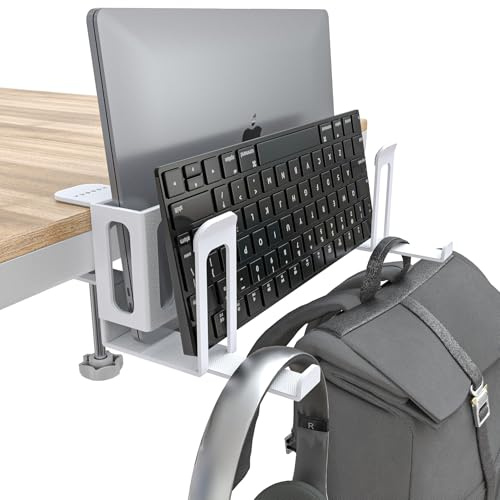 NODOCA Almacenamiento vertical para laptop de 2 ranuras para escritorio, soporte vertical para MacBook, con soporte para auriculares, almacenamiento lateral de escritorio para MacBook/Surface/Samsung