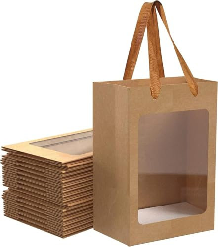 WSHT FONCUN Geschenktüten aus Kraftpapier mit Fenster, 25 x 17,8 x 13 cm, Griffe, für Geschenke, Partys, Festivals, 12 Stück