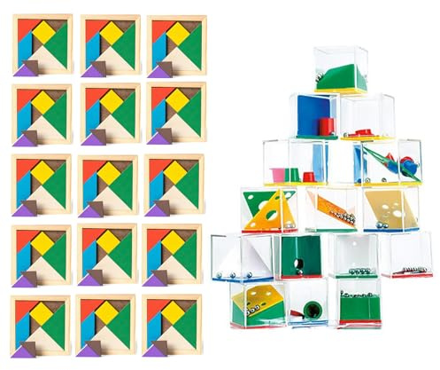ADRI - Set Cubos y Puzzles Tangram Rompecabezas - Regalos de cumpleaños Infantiles para niñas y niños. Juegos para desarrollar la Creatividad Mientras se divierten. (15 Juegos de Cada)
