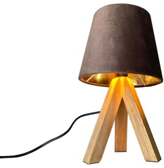 meineWunschleuchte Tisch-Lampe Dreibein aus Holz mit Schirm Braun-Gold | Höhe 27cm, E14, mit Schnurschalter, gemütliche Nachttischlampe, skandinavisches Design, Lampenschirm aus Samt