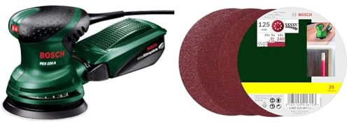 Bosch Home and Garden Random Orbit Sander PEX 220 A (220 W, in Carton Packaging) + 25 Random Orbit Sanding Sheets, Dia.125mm, 80-240 Grit