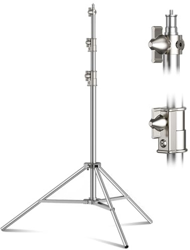 9.2 FT Stainless Steel Photography Stand, Heavy Duty Tripod With 1/4 to 3/8 Screw Adapter for Strobe, LED Video Light, Ring Light, Monolight, Softbox