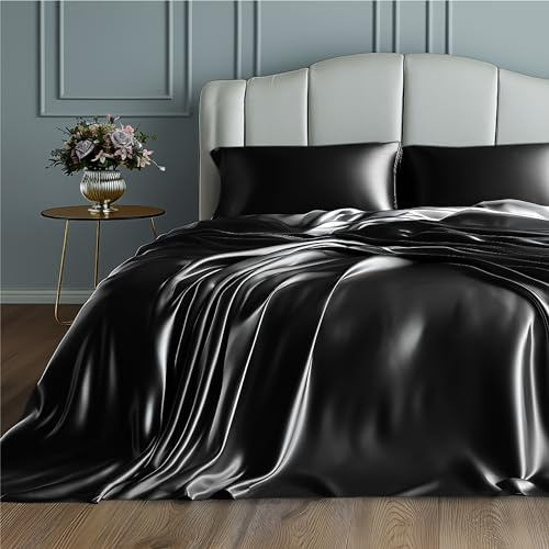 AMV Linen 100% Satin Silk Bed Sheets, Queen Size Sheets Set, 4 Pcs Luxury Bedding Set Fits 10-12 Deep Pocket for Mattress (Solid, Black)