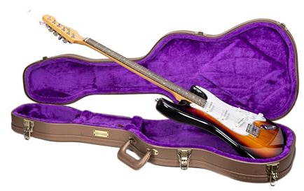 Crossrock Konturierter Koffer für E-Gitarren aus Holz für Stratocaster und Telecaster, Innenausstattung aus violettem Samt, Schloss – Designer-Serie – Schokoladenbraun (CRW520STCB)