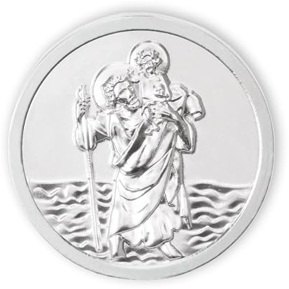 FRITZ COX Silberne Christophorus Autoplakette Heiliger Schutzpatron der Reisenden und Kinder | Magnet und Klebepunkt | Geschenkkarte mit personalisierbarer Rückseite | 3 cm