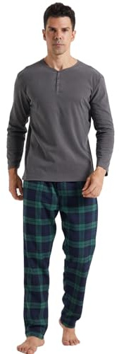 LNFINTDO Pyjama long en coton pour homme - Manches longues et flanelle - Pantalon de pyjama à carreaux avec poche - Polaire douce - Ensemble de vêtements de nuit
