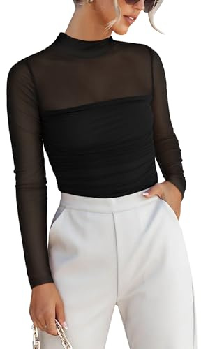 ANRABESS Womens Sexy Mesh Long Sleeve Shirts Trendy Mock Neck Sheer Ruched Going Out Tops Fall Slim Fit Blouses 2025 Black S