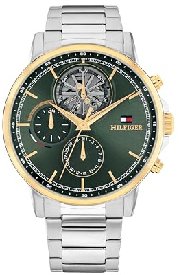Tommy Hilfiger Reloj Analógico de Cuarzo Multifunción para Hombre con Subesfera Esqueleto y Correa de Acero Inoxidable o de Cuero