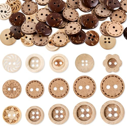 150 Pièces Boutons de Noix de Coco, 11.5/12.5/15/20/23 Mm Marron Bouton en Bois, 2/4 Trous Boutons en Coquille de Noix de Coco Bouton Mercerie pour Artisanat Scrapbooking Couture