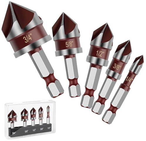 Countersink Drill Bit, 5PCS 82 Degree HSS 1/4-3/4 with 1/4 Hex Shank Countersink Drill Bit Set, Counter Sink Drill Bit for Wood, Metal, Plastic, Countersink Bit for Woodwork