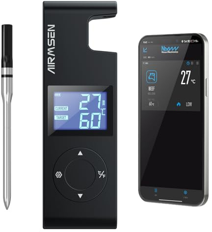 AIRMSEN Fleischthermometer Kabelloses 1000mAh Akku Grillthermometer Bluetooth mit Hitzebeständigem Keramikgriff & LCD-Display 150m Fernüberwachung, Bluetooth 5.4 Smart-App-Steuerung für Räuchern BBQ