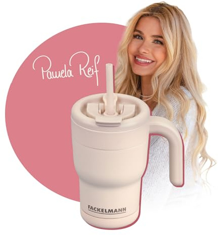 FACKELMANN x Pamela Reif Isoliertrinkbecher – 420 ml, Aus Edelstahl in Pastell Beige mit Keramikbeschichtung, Doppelwandig isoliert, PFAS-freie Beschichtung, Reinigung per Hand