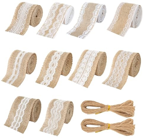 YunBey Cinta de Encaje de Yute de 5 cm de Ancho - Borde de Encaje de Yute de Diversos Estilos para Decoración de Boda, Decoración de Fiesta, Manualidades, Proyectos DIY, Envoltura de Regalos