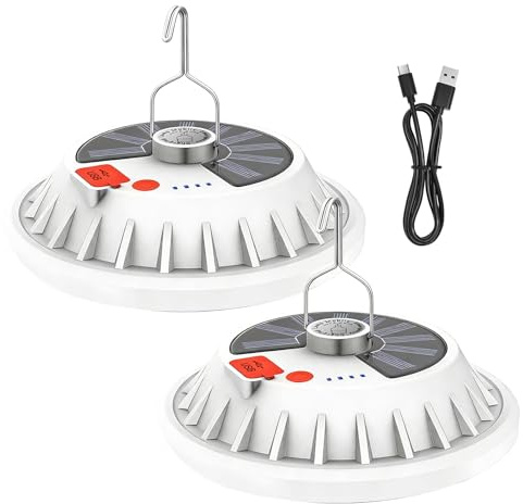 PORFOYO 2 lampade da campeggio a LED, ricaricabili, solari, con telecomando, 120 LED con USB, 5 modalità, impermeabilità IP65, diametro 16 cm, per campeggio, escursionismo
