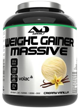 Addict sport nutrition - Weight gainer massive - Prise de masse musculaire avec protéine concentrée - Ultra calorique 1200 kcal par dose - 51g de protéine et 21g de BCAA - 2,5 kg - Goût vanille
