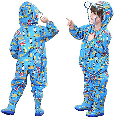 FILOWA Kids Raincoat Hooded Puddle Suits Boys Rainsuit Blue Rainwear Lightweight All in One Waterproof Portable Breathable PVC Brim Zipper Cartoon Muddy Suit for Childs 3-5 Years