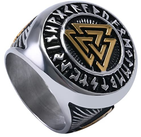 OIDEA Herrenring Vintage Stil Edelstahl keltischer Wikinger nordisches Dreieck-Symbol Gold Schwarz 54 (17.2) ~ 67 (21.3)